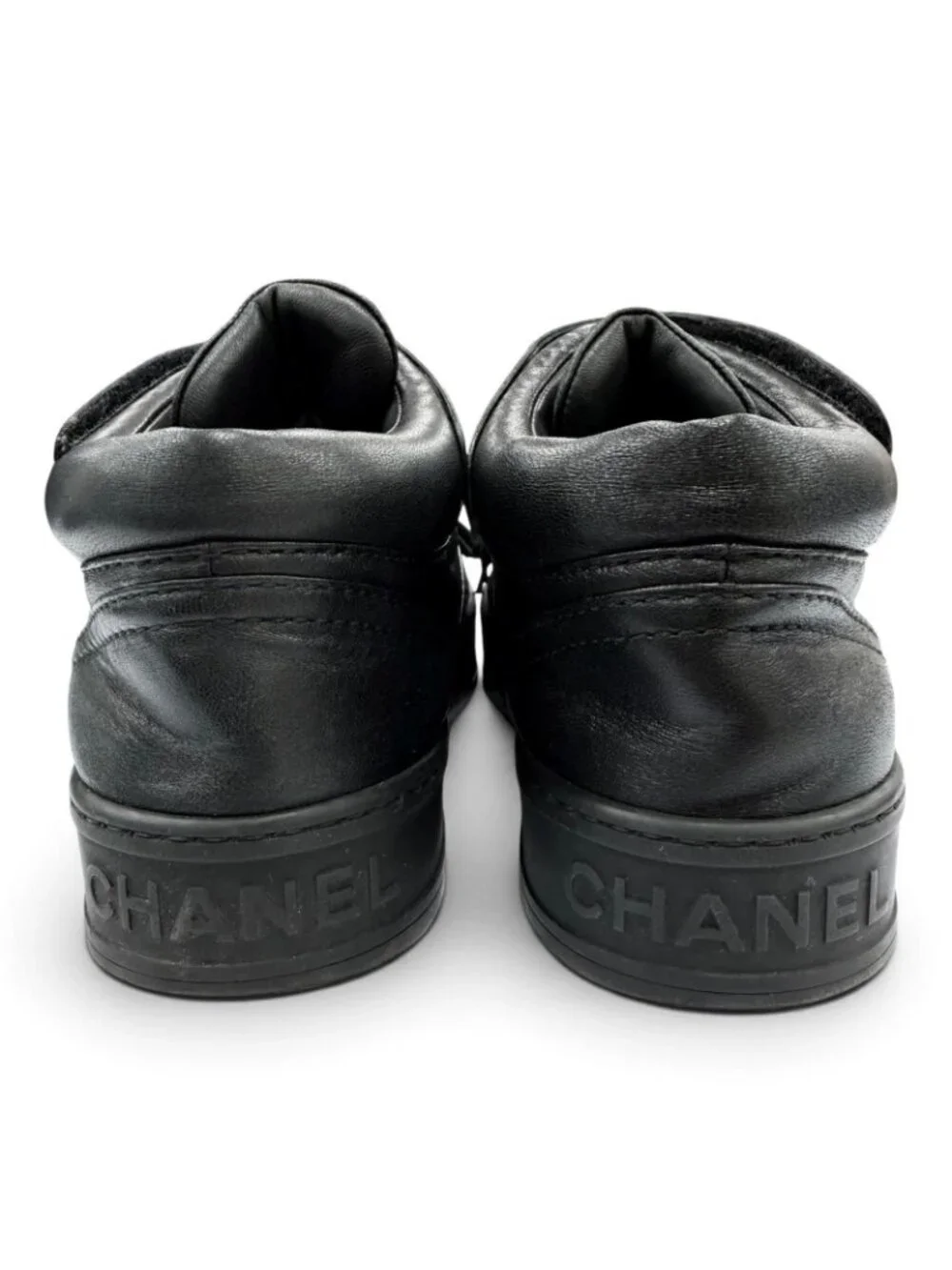Chanel CC Logo Velcro Lace-up Leather Middle High Top Sneakers Black